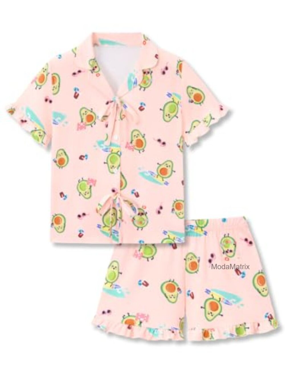 Girls Pajama Set Short Sleeve Button Down Top with Bows, Matching Shorts,